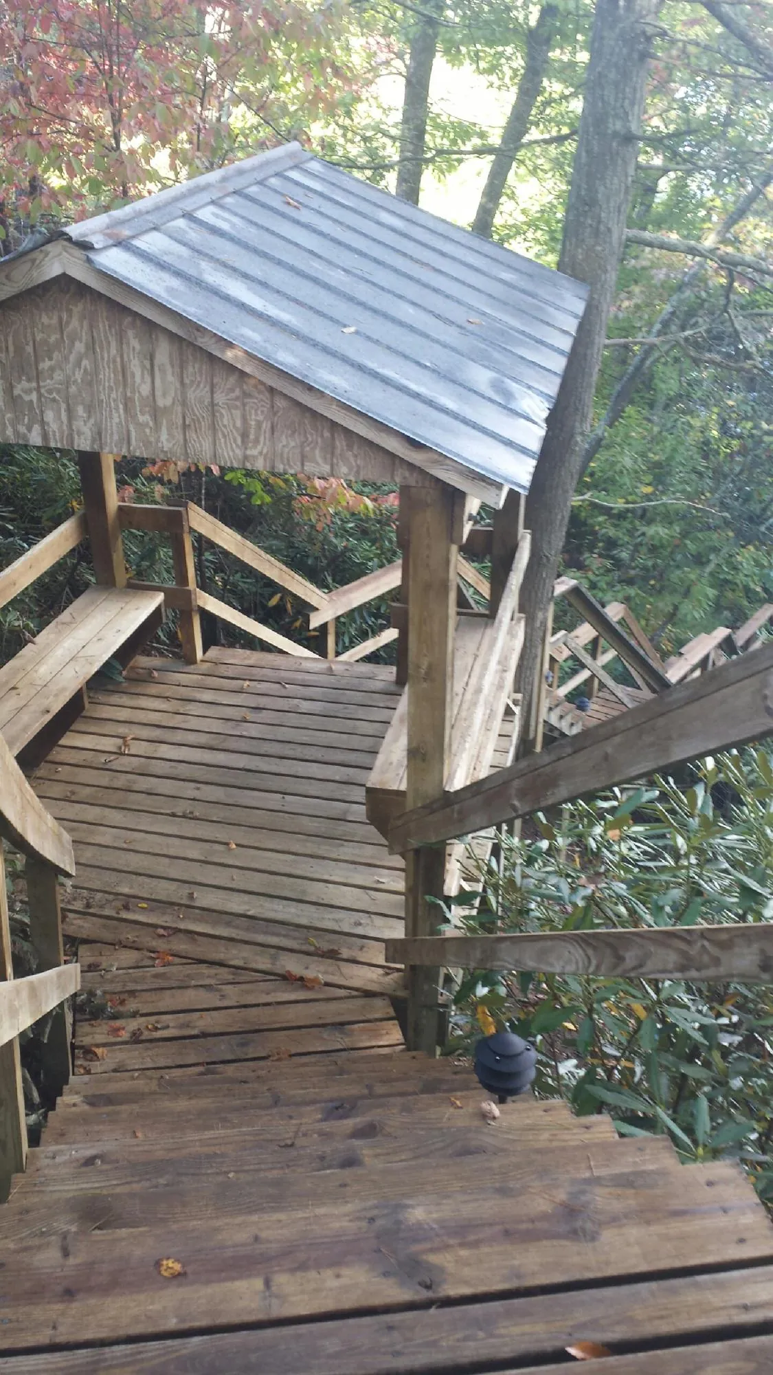 Metal roofed shelter over wooden steps on a wooded walkway — Skylight Repair & Installation work by our crew in Needville